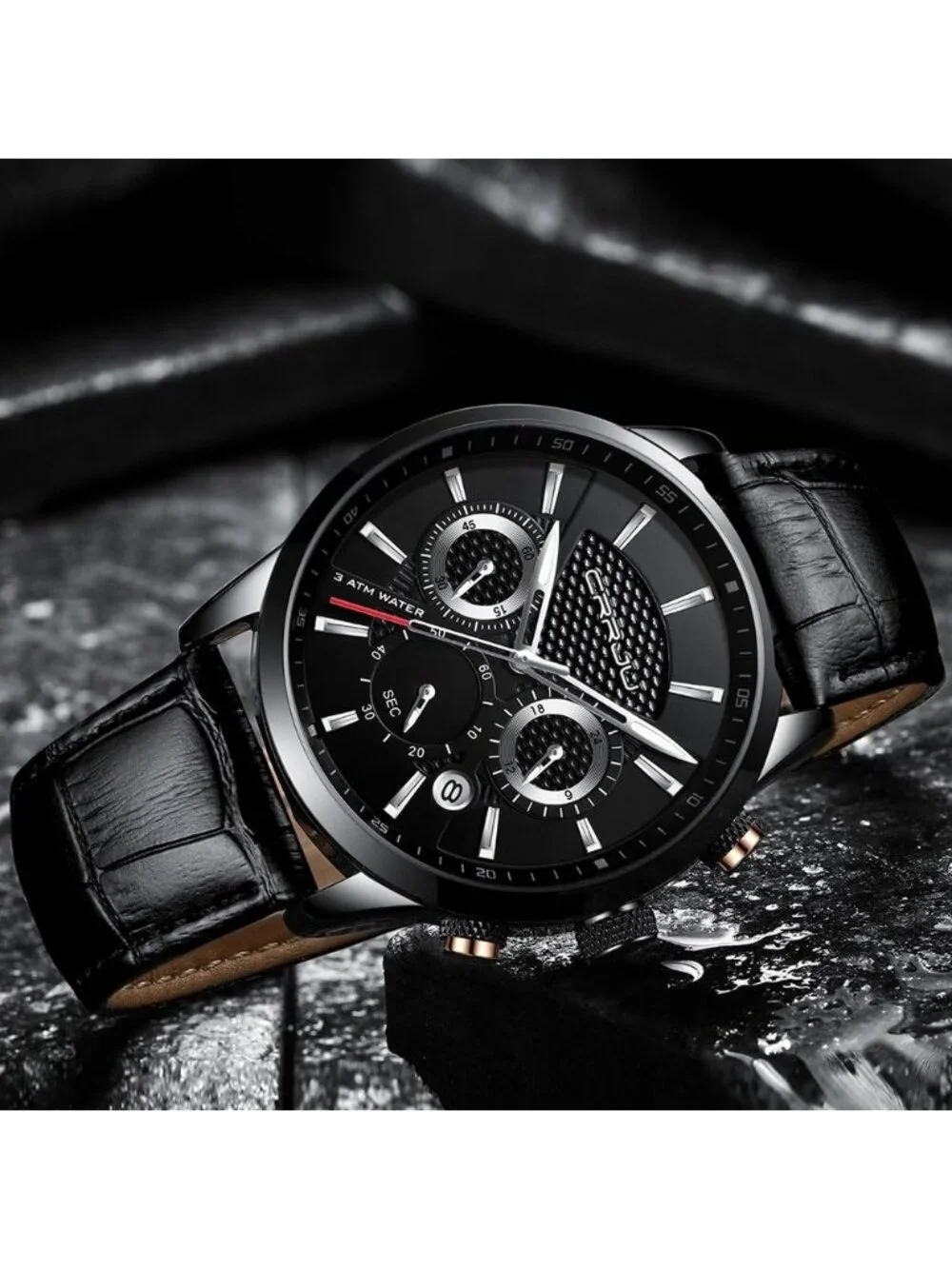 Men's Black Silver Chronograph Leather Strap Quartz Waterproof Wrist Watch